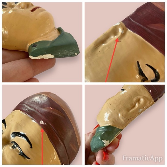 Vintage Hand Painted Male & Female Asian Chalkware Faces Wall Hangings Set of 2 - Picture 9 of 9